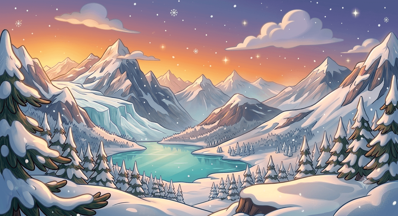 Panorama de montagnes enneigées, lac gelé turquoise et coucher de soleil, style cartoon